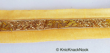 Beige Fabric Trim With Gold Bugle Beads Embellishments, Beaded Trim, Approx. 38mm